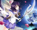  1girl bishoujo_senshi_sailor_moon black_hair bow brooch brown_bow castle choker elbow_gloves expressionless gloves jewelry looking_at_viewer magical_girl masaki_mitsuki outstretched_hand petals planet polearm purple_skirt sailor_collar sailor_saturn short_hair silence_glaive skirt solo spear tiara tomoe_hotaru violet_eyes weapon white_gloves 