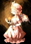  1girl bow candelabra candle candlelight chain dark demon_wings dress hat hat_bow highres indoors kagari6496 looking_at_watch mob_cap pink_dress pocket_watch remilia_scarlet short_hair sketch solo touhou watch wings wristband 