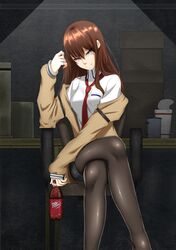  1girl black_legwear blue_eyes bottle breasts brown_hair crossover dr_pepper highres kamkac long_hair looking_at_viewer makise_kurisu necktie off_shoulder pantyhose sitting skirt smile solo steins;gate 