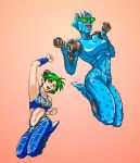  1girl arm_up black_hair braid breasts c-7_(assate) clenched_hands double_bun gradient gradient_background green_eyes halter_top halterneck jojo_no_kimyou_na_bouken kuujou_jolyne midair midriff multicolored_hair navel one_eye_closed open_mouth orange_background single_braid smile stand_(jojo) stone_free two-tone_hair 