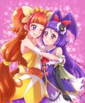  2girls amanogawa_kirara bare_shoulders blush bracelet brown_hair chocokin cure_magical cure_twinkle earrings elbow_gloves gloves go!_princess_precure grin hairband highres hug izayoi_liko jewelry lipstick mahou_girls_precure! makeup mini_wings multicolored_hair multiple_girls one_eye_closed precure purple_hair redhead smile star star_earrings tiara twintails two_side_up violet_eyes 