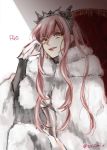  1girl armor bangs corset fate/grand_order fate_(series) fur_cape fur_trim gloves hand_on_own_face leo-time long_hair looking_at_viewer medb_(fate/grand_order) pink_hair sidelocks signature smirk solo thigh-highs throne tiara twitter_username wavy_hair white_gloves yellow_eyes 