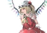  1girl ascot blonde_hair fangs flandre_scarlet hat hat_ribbon ichiba_youichi mob_cap open_mouth puffy_short_sleeves puffy_sleeves ribbon sash shirt short_sleeves side_ponytail skirt skirt_set solo touhou upper_body vest wings 