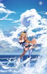  1girl :q absurdres bird blonde_hair blue_eyes blue_sky breasts cleavage clouds elbow_gloves gloves highres iowa_(kantai_collection) kantai_collection long_hair miniskirt ocean one_eye_closed peilulu salute seagull skirt sky solo splashing thigh-highs tongue tongue_out v water 