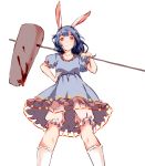  1girl ambiguous_red_liquid animal_ears bloomers blue_dress blue_hair crescent dress frilled_legwear from_below hand_on_hip highres holding holding_weapon kagari6496 kine light_smile long_hair mallet moon_rabbit over_shoulder rabbit_ears red_eyes seiran_(touhou) solo stain touhou underwear weapon weapon_over_shoulder 