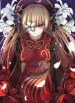  1girl blonde_hair chinese_clothes flower hat highres janne_cherry junko_(touhou) lily_(flower) long_hair petals red_eyes solo touhou wide_sleeves 