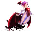  1girl :d bare_shoulders bat bat_print bat_wings bridal_gauntlets demon_wings hair_between_eyes head_wings hip_bones leotard lilith_aensland neck_(galaxy07) open_mouth pantyhose pink_eyes print_legwear purple_hair purple_legwear red_eyes red_leotard red_wings short_hair smile solo vampire_(game) very_short_hair white_background wings 