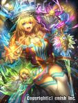  1girl ass bare_shoulders blue_eyes breasts butterfly_wings cleavage commentary_request crystal_sword curtsey dragon_tactics dress fairy foreshortening heterochromia large_breasts long_hair long_sleeves looking_at_viewer multicolored_dress off_shoulder official_art open_mouth original reaching_out red_eyes sidelocks sitting sword temmasa22 thigh-highs tiara weapon white_legwear wings 
