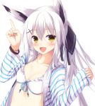  1girl animal_ears blush bra bracelet collarbone eyebrows eyebrows_visible_through_hair fox_ears hair_ornament hooded_top jewelry long_hair looking_at_viewer open_clothes open_shirt original shio_(shia-ushio) shirt simple_background smile solo underwear white_background white_hair yellow_eyes 
