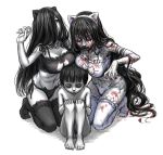  1boy 2girls alternate_costume animal_ears bangs barefoot black_eyes black_hair black_panties blood blood_in_mouth blood_on_face bloody_clothes bloody_hair bloody_hands blunt_bangs bowl_cut breast_press breast_rest breasts breasts_on_head cat_cutout cat_ear_panties cat_ears cat_lingerie cleavage cleavage_cutout collarbone creepy crossover empty_eyes fake_animal_ears frills full_body garters grey_eyes grey_skin hair_between_eyes hair_over_one_eye hand_up ju-on kneeling large_breasts long_hair looking_at_another looking_down mother_and_son multiple_girls navel no_shoes palms panties saeki_kayako saeki_toshio side-tie_panties sitting stomach taniguchi_seima teeth the_grudge the_ring thigh-highs toned trait_connection underwear underwear_only very_long_hair wavy_hair white_background white_legwear yamamura_sadako 