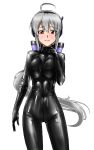  1girl ahoge blush bodysuit commentary_request frown headphones highres latex looking_at_viewer ponytail red_eyes silver_hair skin_tight solo tears tmzf vocaloid voyakiloid yowane_haku 