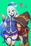  &gt;_&lt; 2016 2girls :d aqua_(konosuba) aqua_background arm_around_waist artist_name ass_visible_through_thighs bandages bangs belt black_gloves black_hair black_hat black_legwear blue_hair blush boots brooch button_eyes cape closed_eyes collar collarbone d: dated detached_sleeves dress eyebrows eyebrows_visible_through_hair fang fingerless_gloves gloves green_eyes hair_between_eyes hair_ornament hair_rings hand_on_headwear hat jewelry knees_together_feet_apart kono_subarashii_sekai_ni_shukufuku_wo! leaning_forward long_hair long_sleeves looking_at_viewer megumin miniskirt multiple_girls one_leg_raised open_mouth red_dress see-through short_dress short_hair simple_background single_thighhigh skirt small_breasts smile staff standing standing_on_one_leg stitches thigh-highs thigh_gap triangle_mouth v very_long_hair wide_sleeves witch_hat yoo_(1009980455) 