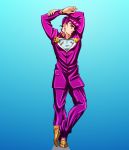  1boy arms_up blue_background c-7_(assate) full_body gakuran gradient gradient_background green_eyes heart higashikata_jousuke jojo_no_kimyou_na_bouken jojo_pose male_focus peace_symbol pin pompadour pose profile purple_hair school_uniform smile solo zipper 