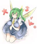 1girl ascot between_breasts blush breasts character_name daiyousei dress dress_shirt fairy_wings from_above green_eyes green_hair hair_ribbon hand_between_breasts hands_together large_breasts looking_at_viewer looking_up ototobe ribbon seiza shirt short_hair side_ponytail sitting sketch solo tareme touhou white_background wings 
