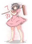  1girl :3 ahoge animal_ears barefoot black_hair bunny_tail carrot_necklace character_name dress full_body inaba_tewi looking_at_viewer mallet ototobe pink_eyes rabbit_ears short_hair silhouette sketch smile solo standing tail touhou 
