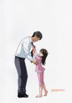  1boy 1girl ayase_ena barefoot belt bizen black_hair blush brown_eyes brown_hair closed_eyes cover father_and_daughter formal highres leaning_forward long_hair mr_ayase necktie no_shoes pajamas pants shirt short_hair smile socks standing white_background yotsubato! 