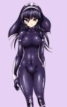  1girl bodysuit breasts commentary_request covered_navel covered_nipples highres latex long_hair looking_at_viewer nun original purple_hair rrrd shiny shiny_clothes skin_tight smile solo violet_eyes 