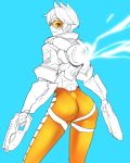  1girl ass ban blue_background bodysuit commentary_request dual_wielding goggles gun highres holding holding_gun holding_weapon long_hair overwatch short_hair simple_background smile solo tracer_(overwatch) weapon yellow_eyes 