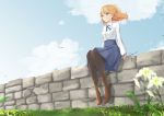  1girl artist_request bird blonde_hair boots brick_wall fate/stay_night fate_(series) flower grass green_eyes hair_ribbon highres leather leather_boots long_hair pantyhose ribbon saber skirt solo wind 