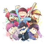  6+boys ;3 baseball_uniform beanie bespectacled black_hair blue_necktie brothers cat cellphone closed_eyes esper_nyanko formal glasses glowstick green_eyes happi hat heart heart_in_mouth jacket leather leather_jacket male_focus matsuno_choromatsu matsuno_ichimatsu matsuno_juushimatsu matsuno_karamatsu matsuno_osomatsu matsuno_todomatsu multiple_boys necktie osomatsu-kun osomatsu-san paint_splatter phone sheeeh! shiomizu_(swat) siblings smartphone sportswear suit sunglasses 