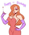  1girl bare_shoulders breasts curvy dress earrings elbow_gloves eyeshadow gloves green_eyes hair_over_one_eye jessica_rabbit jewelry large_breasts lips lipstick long_hair makeup orange_hair red_dress red_lipstick solo spewing_mews who_framed_roger_rabbit 