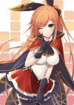  1girl ;p black_gloves blush bracelet cape clarisse_(granblue_fantasy) gloves granblue_fantasy green_eyes highres jewelry long_hair looking_at_viewer one_eye_closed orange_hair skirt solo tanakahazime thigh-highs tongue tongue_out very_long_hair zettai_ryouiki 