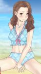  1girl blush brown_eyes brown_hair character_request frills highres idolmaster idolmaster_cinderella_girls kurorichin long_hair midriff navel pubic_hair seki_hiromi solo swimsuit wavy_hair 