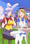  2girls absurdres alice_(wonderland) alice_(wonderland)_(cosplay) alice_in_wonderland animal_ears blonde_hair blue_eyes chair cosplay crossed_legs dagashi_kashi eating endou_saya_(dagashi_kashi) hair_ornament hairpin highres ice_cream_spoon long_hair multiple_girls nail_polish official_art purple_hair rabbit_ears ramune red_nails ribbon shidare_hotaru sitting sky snack thigh-highs umaibou white_legwear white_rabbit white_rabbit_(cosplay) 