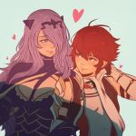  2girls breasts camilla_(fire_emblem_if) cleavage fire_emblem fire_emblem_if hair_over_one_eye hinoka_(fire_emblem_if) koyorin long_hair multiple_girls purple_hair red_eyes redhead short_hair violet_eyes yuri 