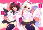  2girls animal_ears black_legwear black_wings blush breasts brown_hair detached_sleeves hat inubashiri_momiji large_breasts locked_arms midriff multiple_girls open_mouth red_eyes shameimaru_aya tamano_nae tokin_hat touhou white_hair wide_sleeves wings wolf_ears 