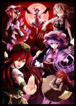  6+girls bat_wings book braid chinese_clothes commentary_request cross dress fami_(yellow_skies) flandre_scarlet full_moon hat hong_meiling izayoi_sakuya knife koakuma looking_at_viewer magic_circle maid maid_headdress mob_cap moon multiple_girls patchouli_knowledge red_moon remilia_scarlet scarlet_devil_mansion smile touhou twin_braids wings wrist_cuffs wristband 