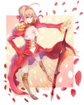  1girl blonde_hair boots breasts cleavage epaulettes fate/extra fate_(series) green_eyes hand_on_hip highres holding holding_sword holding_weapon looking_at_viewer petals saber_extra see-through shao_(newton) smile solo sword weapon 