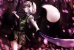  1girl albino bangs blurry cherry_blossoms closed_mouth collared_shirt cowboy_shot cravat depth_of_field dual_wielding dyolf green_skirt green_vest hairband hitodama holding holding_sword holding_weapon katana konpaku_youmu konpaku_youmu_(ghost) looking_at_viewer miniskirt motion_blur outstretched_arms petals puffy_sleeves red_eyes scabbard sheath shirt short_hair short_sleeves skirt skirt_set solo sword touhou unsheathed weapon white_shirt 