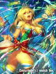  1girl ass bare_shoulders blue_eyes breasts butterfly chain cleavage commentary_request dragon_tactics dress dress_lift heterochromia large_breasts long_hair looking_at_viewer multicolored_dress official_art open_mouth original red_eyes sidelocks solo striped striped_legwear temmasa22 thigh-highs tiara wrist_cuffs 