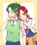 2girls ;) blush cardigan closed_eyes hino_akane_(smile_precure!) index_finger_raised looking_at_viewer midorikawa_nao multiple_girls necktie negom one_eye_closed orange_eyes precure redhead school_uniform smile smile_precure! yuri