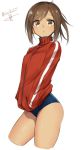  1girl :o artist_name blue_swimsuit brown_eyes brown_hair cowboy_shot cropped_legs dark_skin hands_in_pockets i-401_(kantai_collection) isshiki_(ffmania7) jacket kantai_collection long_sleeves looking_at_viewer parted_lips ponytail red_jacket school_swimsuit simple_background solo swimsuit swimsuit_under_clothes tareme track_jacket turtleneck white_background 