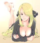  1girl barefoot blonde_hair breasts brown_eyes cleavage egooo hair_ornament hair_over_one_eye highres pokemon pokemon_(game) pokemon_dppt shirona_(pokemon) solo sweater 