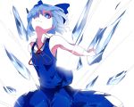  1girl armpits bare_shoulders blue_bow blue_dress blue_eyes blue_hair bow cirno collared_shirt cowboy_shot crazy_eyes crystal dress evil_smile fairy fairy_wings hair_bow hair_over_one_eye highres ice ice_wings ikurauni looking_at_viewer outstretched_arms parted_lips red_ribbon ribbon shaded_face shirt sleeveless sleeveless_dress sleeveless_shirt smile solo touhou wings 