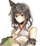  1girl bare_shoulders black_hair bucket cannon chibirisu expressionless frown hair_between_eyes hair_ornament hairpin headgear kantai_collection machinery red_eyes repair_bucket simple_background solo sweat sweatdrop tareme tassel turret upper_body wet white_background yamashiro_(kantai_collection) 
