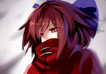  1girl bow cape covered_mouth fami_(yellow_skies) hair_bow high_collar highres red_eyes redhead sekibanki short_hair solo touhou upper_body 