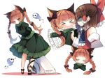  &gt;_&lt; 2girls afterimage anger_vein angry animal_ears arms_behind_back bangs black_bow black_shoes blunt_bangs blush bow braid breasts brown_hair cat_ears cat_tail closed_eyes clothes_grab cravat directional_arrow extra_ears eyebrows eyebrows_visible_through_hair frilled_skirt frills ghost green_skirt hair_bow hakurei_reimu half_updo heart juliet_sleeves kaenbyou_rin leaning_forward leg_ribbon long_hair long_sleeves looking_at_viewer multiple_girls multiple_views nekomata own_hands_together peeking piyokichi profile puffy_sleeves red_bow red_eyes red_ribbon redhead ribbon ribbon-trimmed_sleeves ribbon_trim shaded_face shoes sketch skirt standing tail touhou waving_arms white_background 