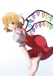  &gt;:) 1girl bangs bare_legs bent_over blonde_hair blunt_bangs bow closed_mouth crystal demon_wings eyebrows eyebrows_visible_through_hair flandre_scarlet frilled_sleeves frills from_side highres looking_at_viewer looking_to_the_side rainbow_order red_bow red_eyes red_skirt red_vest shirt short_hair skirt smile solo standing tareme touhou vest white_shirt wings xly_97 