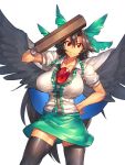  1girl absurdres arm_cannon arm_up bird_wings black_hair black_legwear black_wings bow breasts cape commentary_request cowboy_shot frills green_skirt hair_bow hand_on_hip highres large_breasts long_hair looking_at_viewer puffy_short_sleeves puffy_sleeves red_eyes reiuji_utsuho shirt short_sleeves simple_background skirt smile solo temmasa22 thigh-highs third_eye touhou very_long_hair weapon white_background white_shirt wings zettai_ryouiki 