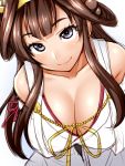  1girl arms_behind_back bare_shoulders blue_eyes breasts brown_hair cleavage collarbone detached_sleeves double_bun from_above kantai_collection kongou_(kantai_collection) long_hair looking_at_viewer nontraditional_miko r44 simple_background smile solo 
