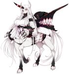  1girl animal_ears breasts centaur claws detached_sleeves full_body highres horn horse_ears kantai_collection large_breasts long_hair red_eyes ribbed_sweater seaport_hime shinkaisei-kan sideboob slugbox solo standing sweater teeth very_long_hair white_background white_hair 