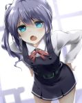  1girl alternate_eye_color belt blouse blue_eyes bright_background buttons dress fang grey_hair hair_ribbon hands_on_hips jurakin kantai_collection kasumi_(kantai_collection) leaning_forward long_hair long_sleeves looking_at_viewer open_mouth ponytail red_ribbon remodel_(kantai_collection) ribbon school_uniform side_ponytail skirt sleeveless sleeveless_dress solo suspenders white_blouse 