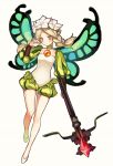  1girl blonde_hair bow_(weapon) braid bunko_(fumimatsu) butterfly_wings crossbow fairy flower hair_flower hair_ornament highres long_hair mercedes odin_sphere pointy_ears puffy_sleeves red_eyes solo twin_braids weapon wings 