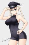  1girl adjusting_clothes adjusting_hat armpits bangs bare_shoulders blue_eyes breasts closed_mouth collarbone contrapposto covered_navel cowboy_shot from_side fuuma_nagi graf_zeppelin_(kantai_collection) grey_background hair_between_eyes halterneck hand_on_hip hand_up hat impossible_clothes kantai_collection large_breasts light_smile long_hair looking_at_viewer peaked_cap sidelocks simple_background skin_tight smile solo standing thighs turtleneck twintails twitter_username unitard white_hair 