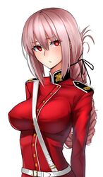  1girl arms_behind_back bangs belt between_breasts blush braid breasts covered_nipples epaulettes fate/grand_order fate_(series) florence_nightingale_(fate/grand_order) hair_between_eyes large_breasts long_hair long_sleeves looking_at_viewer mandarin_collar military military_uniform pink_hair red_eyes sam_browne_belt shijiu_(adamhutt) single_braid skirt solo tied_hair uniform very_long_hair 