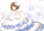  1girl breasts brown_eyes brown_hair cleavage collar dress flower frilled_dress frills gloves hair_flower hair_ornament hairband jewelry kantai_collection long_hair looking_at_viewer mutsu_(kantai_collection) necklace sevens_(treefeather) short_hair solo wedding_dress white_dress white_feathers white_flower white_gloves 